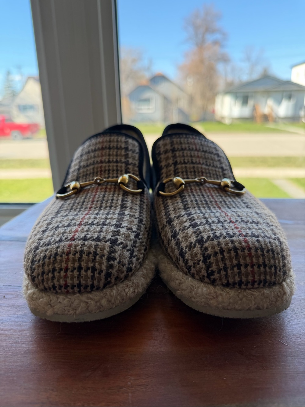 Gucci Beige/Brown Plaid Wool Horsebit Loafers - Picture 3 of 8